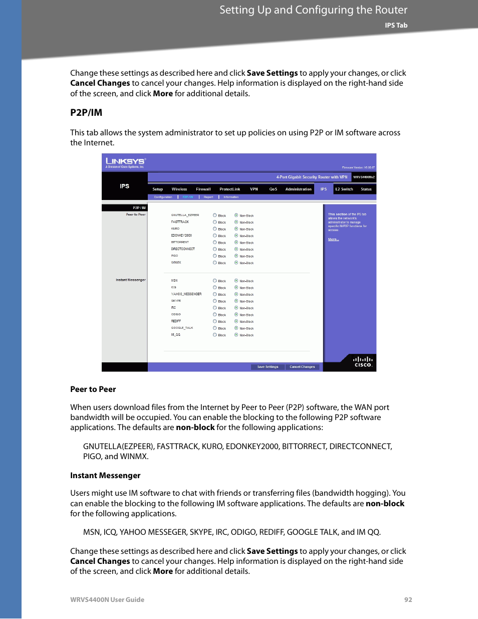 P2p/im, Peer to peer, Instant messenger | Setting up and configuring the router | Linksys WRVS4400N User Manual | Page 98 / 180