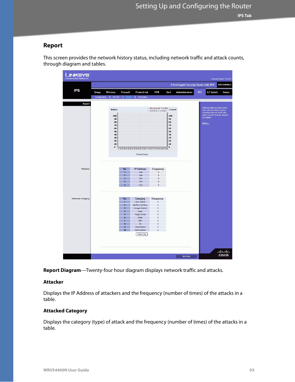 Report, Attacker, Attacked category | Setting up and configuring the router | Linksys WRVS4400N User Manual | Page 99 / 180