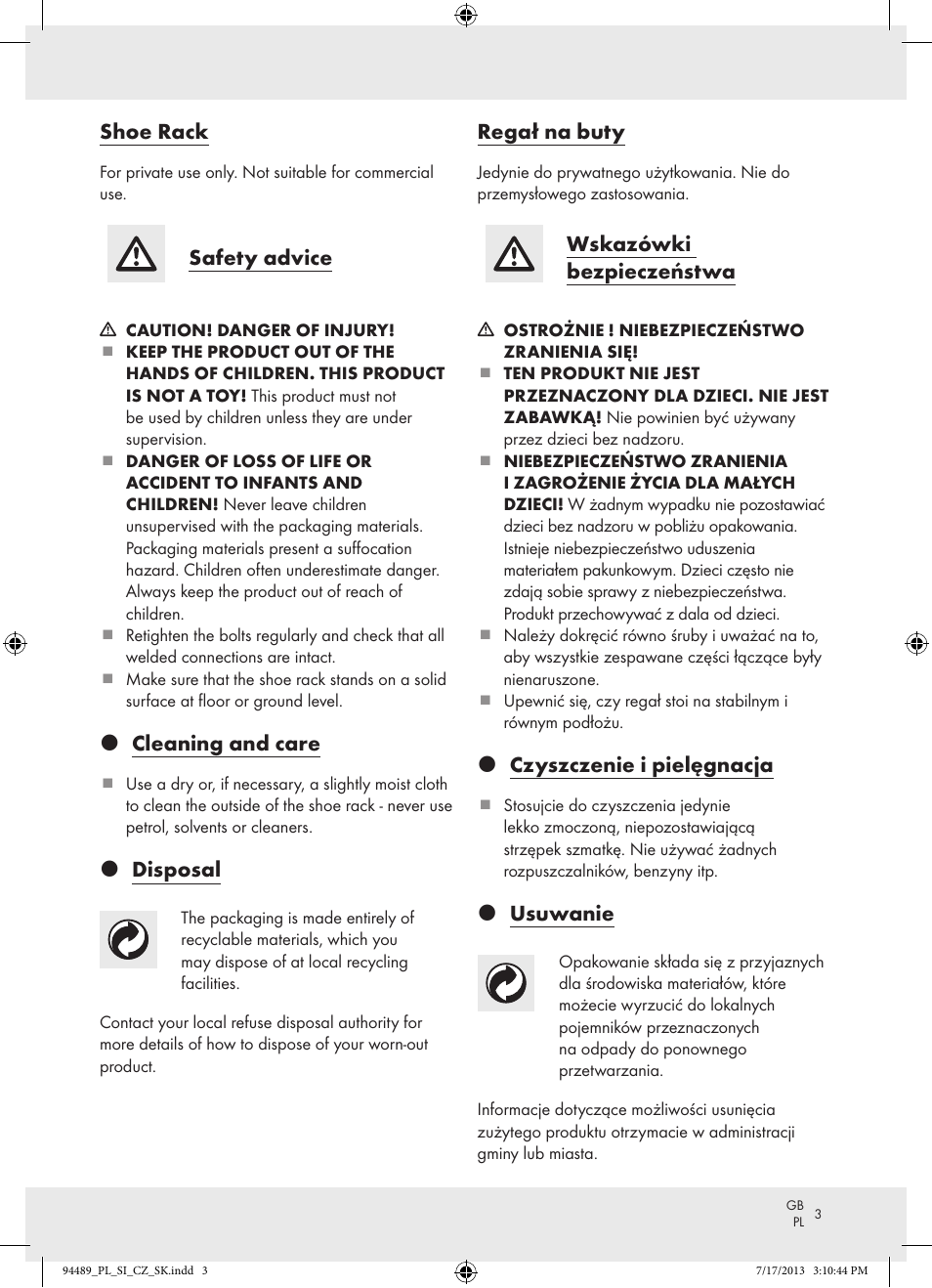 Shoe rack, Safety advice, Z cleaning and care | Z disposal, Regał na buty, Wskazówki bezpieczeństwa, Z czyszczenie i pielęgnacja, Z usuwanie | Ordex Z15476 User Manual | Page 3 / 9