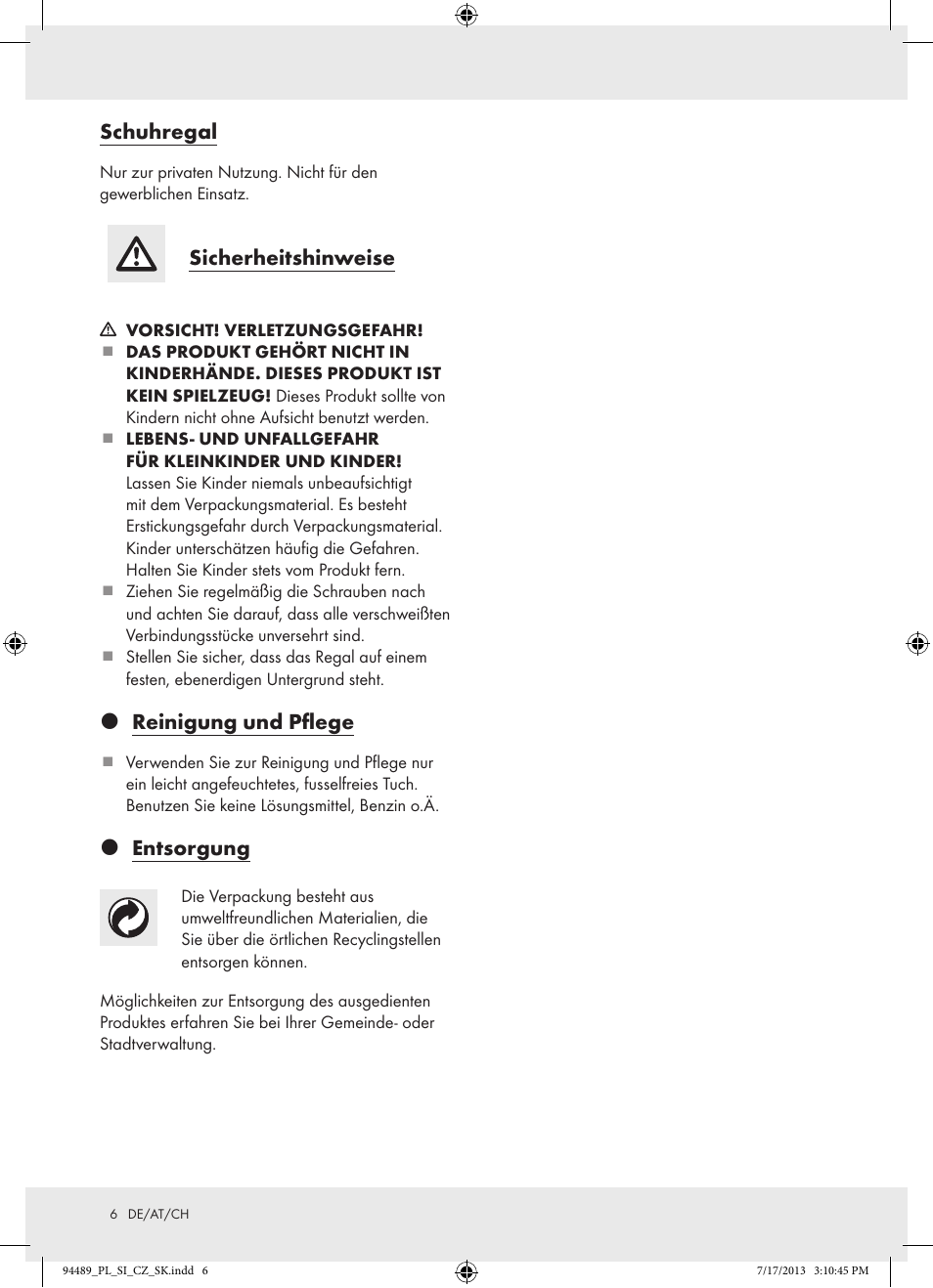 Schuhregal, Sicherheitshinweise, Z reinigung und pflege | Z entsorgung | Ordex Z15476 User Manual | Page 6 / 9