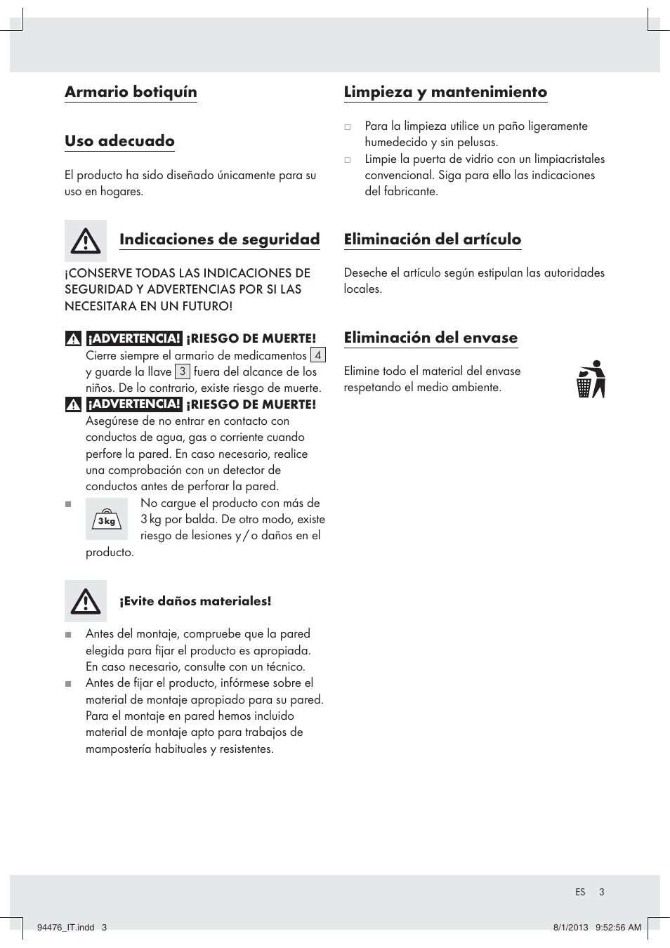 Armario botiquín uso adecuado, Indicaciones de seguridad, Limpieza y mantenimiento | Eliminación del artículo, Eliminación del envase | Ordex Z31734A/Z31734B User Manual | Page 3 / 10