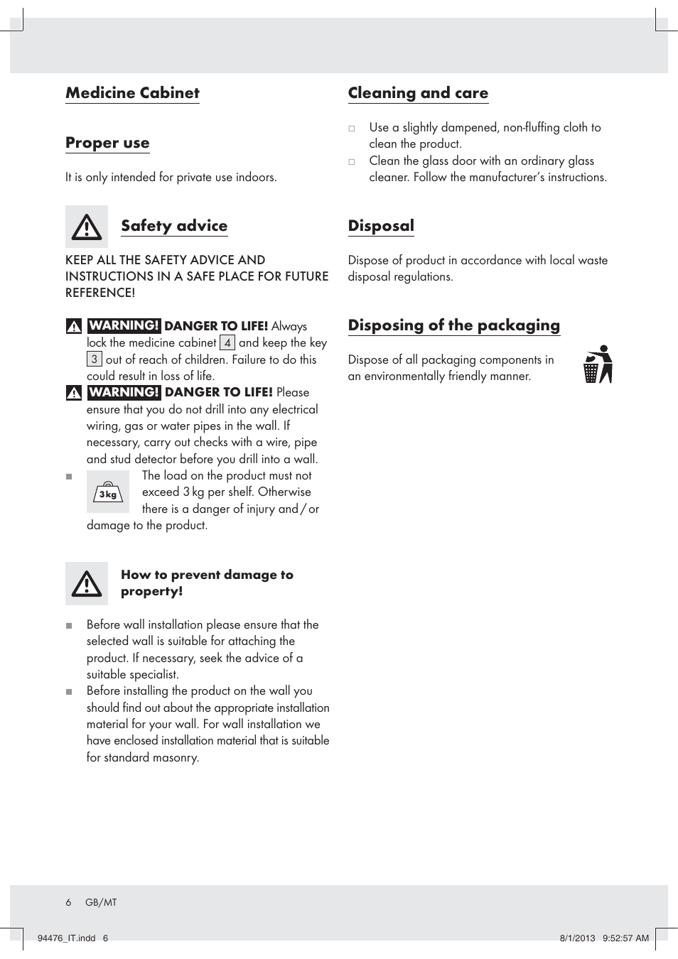 Medicine cabinet proper use, Safety advice, Cleaning and care | Disposal, Disposing of the packaging | Ordex Z31734A/Z31734B User Manual | Page 6 / 10