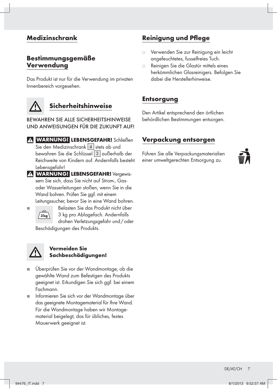 Medizinschrank bestimmungsgemäße verwendung, Sicherheitshinweise, Reinigung und pﬂege | Entsorgung, Verpackung entsorgen | Ordex Z31734A/Z31734B User Manual | Page 7 / 10