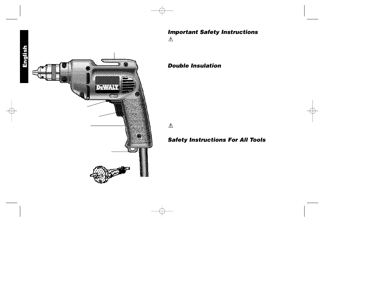 Important safety instructions, Double insulation, Safety instructions for all tools | English | DeWalt DW100-220 User Manual | Page 3 / 23