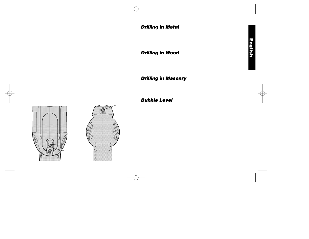 Drilling in metal, Drilling in wood, Drilling in masonry | Bubble level, English | DeWalt DW100-220 User Manual | Page 6 / 23