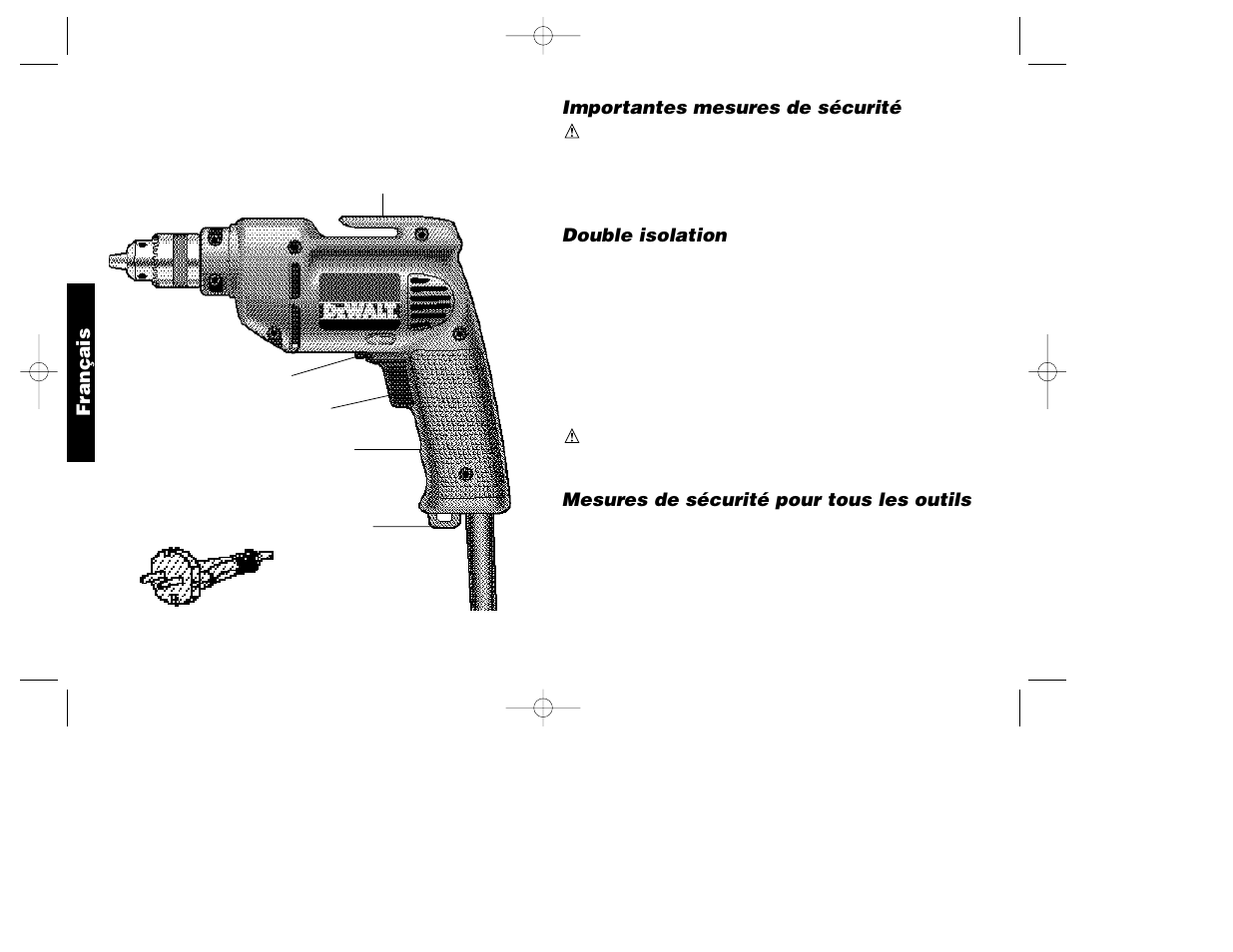 Français, Importantes mesures de sécurité, Double isolation | Mesures de sécurité pour tous les outils | DeWalt DW100-220 User Manual | Page 9 / 23