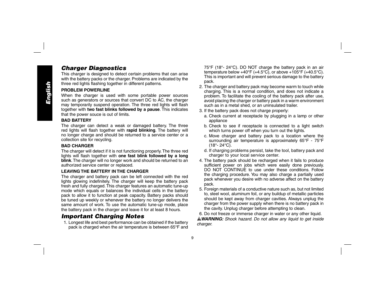 English, Charger diagnostics | DeWalt DW9116 User Manual | Page 10 / 64