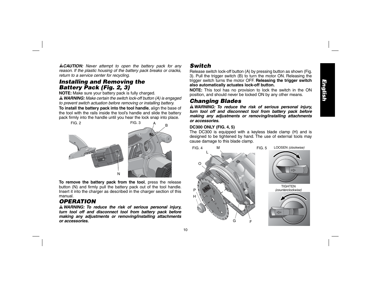 English, Operation, Switch | Changing blades | DeWalt DW9116 User Manual | Page 11 / 64