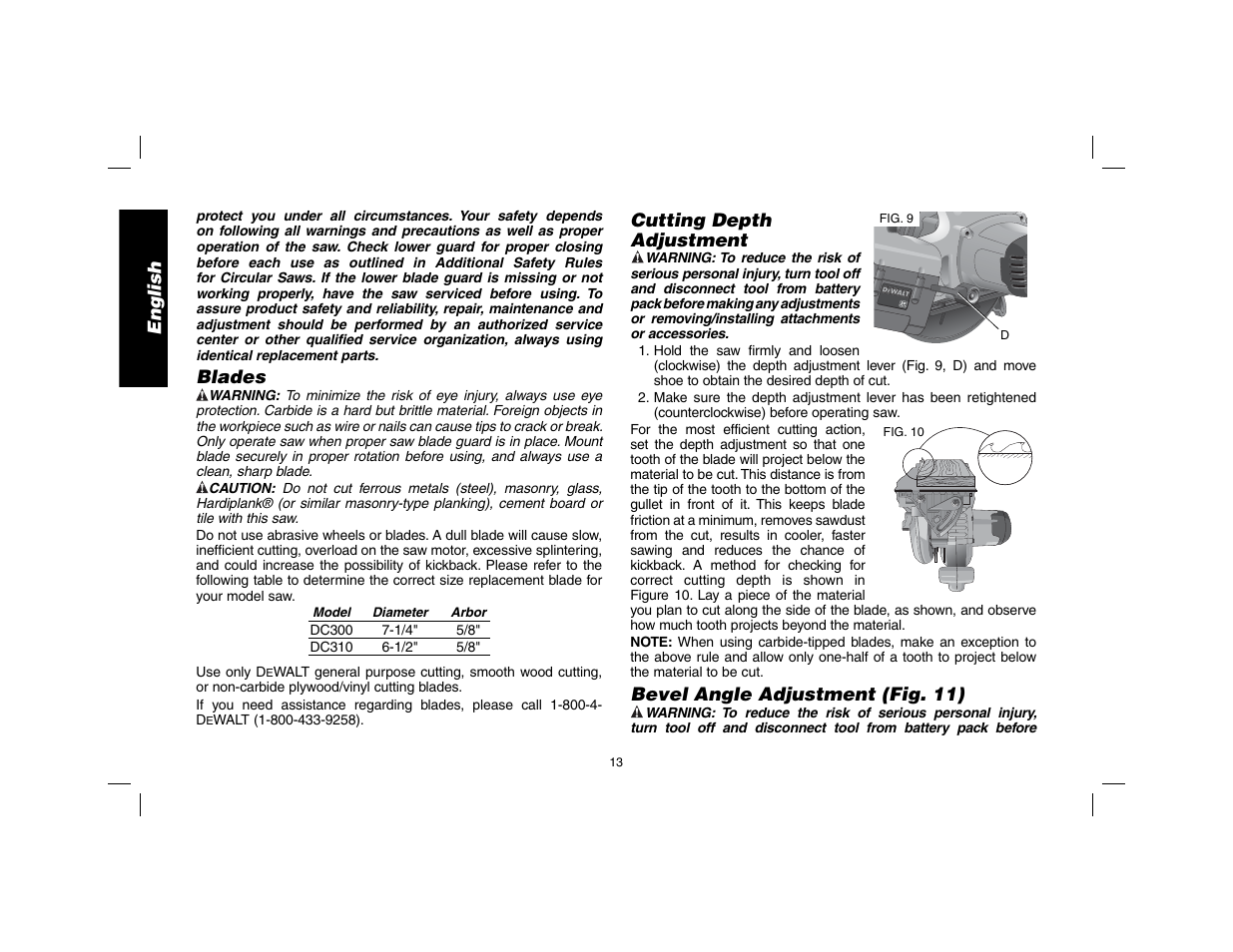 English, Blades, Cutting depth | Adjustment, Bevel angle adjustment (fig. 11) | DeWalt DW9116 User Manual | Page 14 / 64