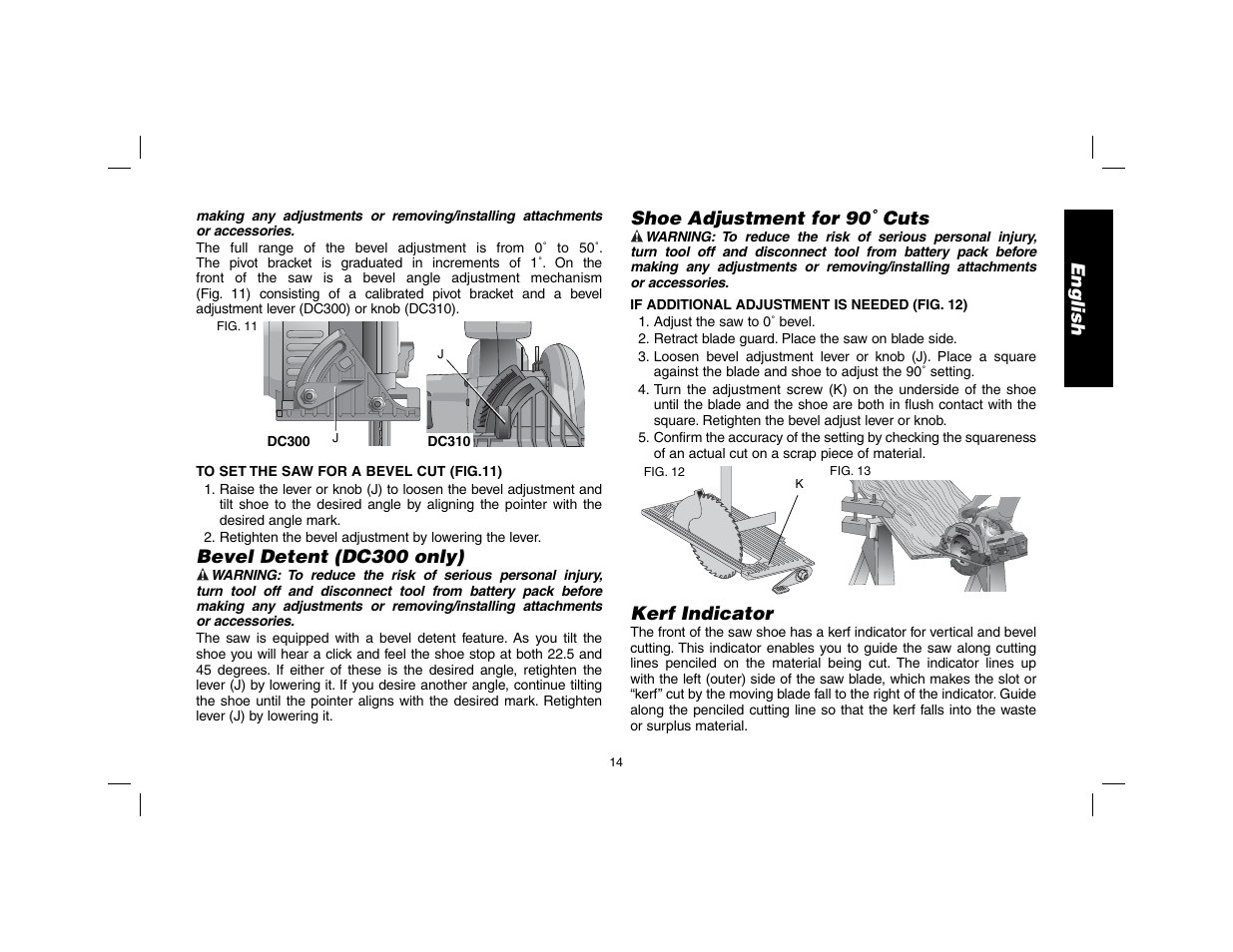 English, Bevel detent (dc300 only), Shoe adjustment for 90˚ cuts | Kerf indicator | DeWalt DW9116 User Manual | Page 15 / 64