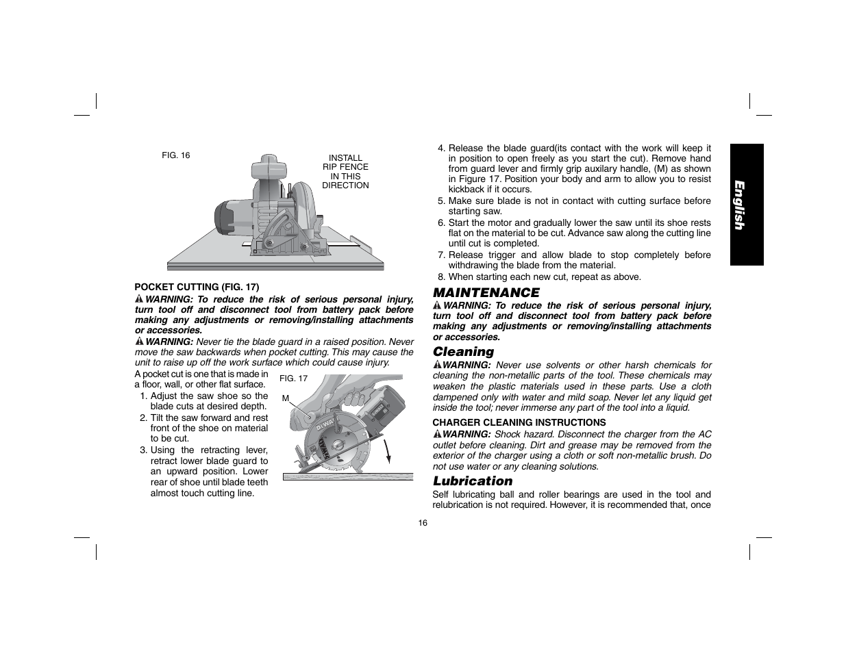 English, Maintenance, Cleaning | Lubrication | DeWalt DW9116 User Manual | Page 17 / 64