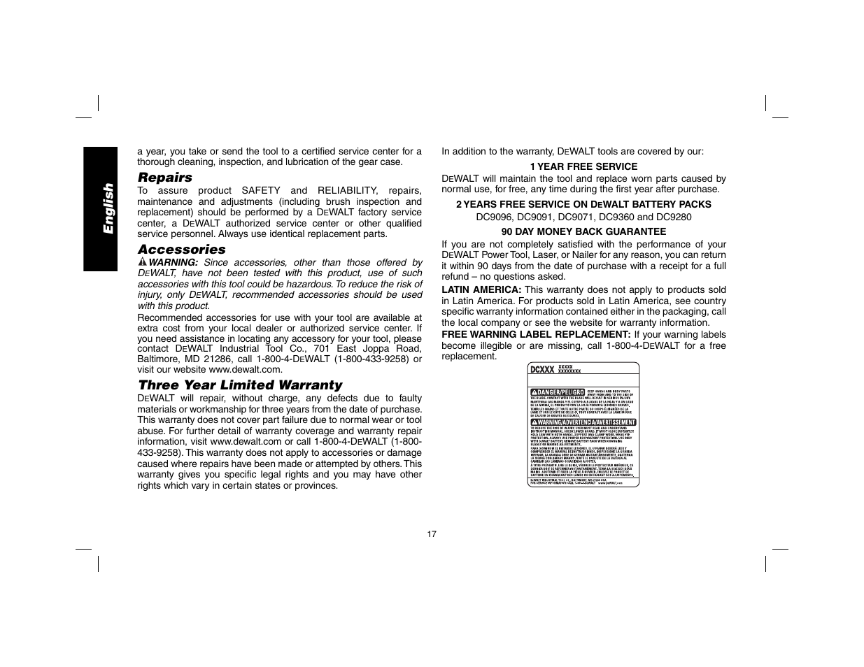 English, Repairs, Accessories | Three year limited warranty | DeWalt DW9116 User Manual | Page 18 / 64