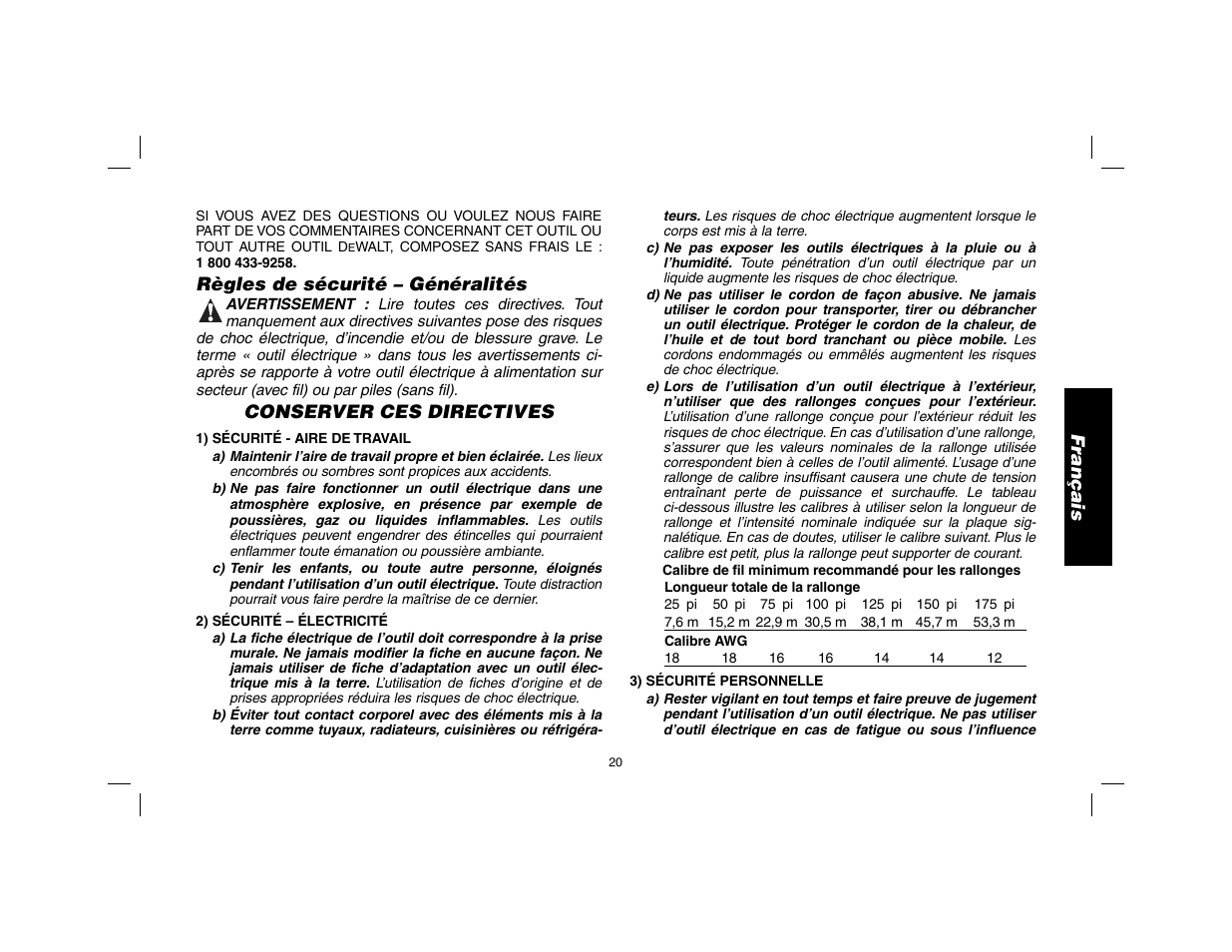 Français, Règles de sécurité – généralités, Conserver ces directives | DeWalt DW9116 User Manual | Page 21 / 64