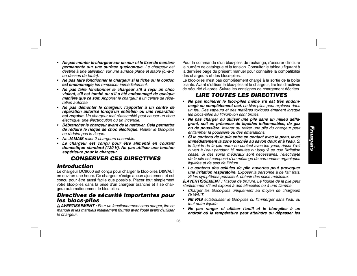 Français, Conserver ces directives introduction, Lire toutes les directives | DeWalt DW9116 User Manual | Page 27 / 64