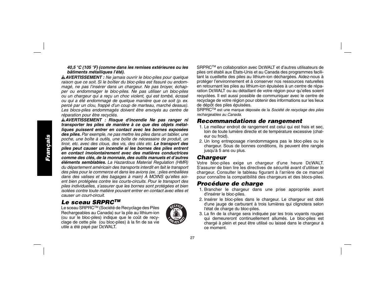 Français, Le sceau srprc, Recommandations de rangement | Chargeur, Procédure de charge | DeWalt DW9116 User Manual | Page 28 / 64