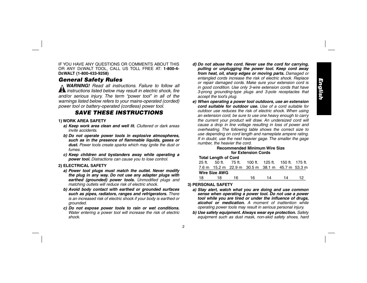 English, General safety rules, Save these instructions | DeWalt DW9116 User Manual | Page 3 / 64