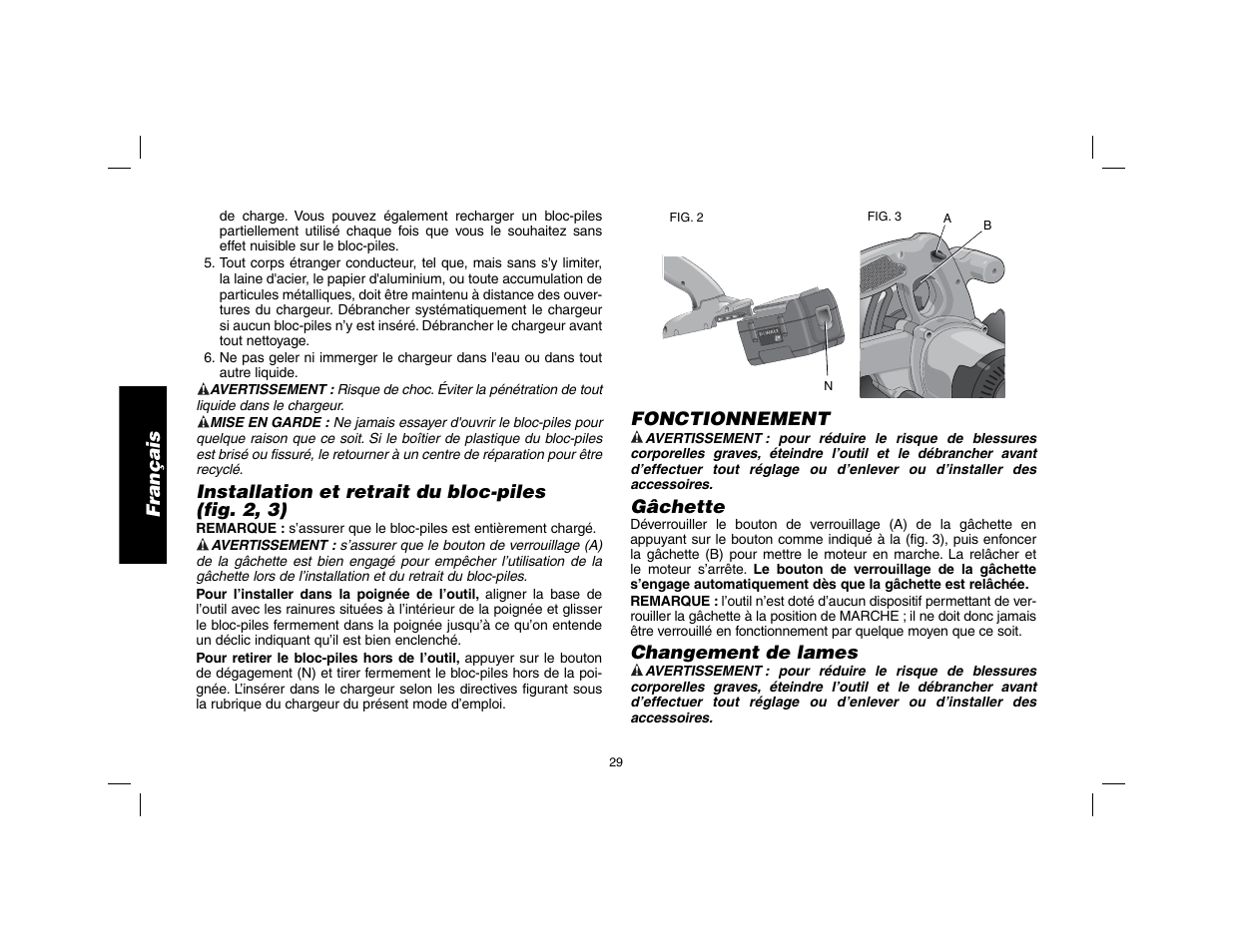 Français, Installation et retrait du bloc-piles (fig. 2, 3), Fonctionnement | Gâchette, Changement de lames | DeWalt DW9116 User Manual | Page 30 / 64