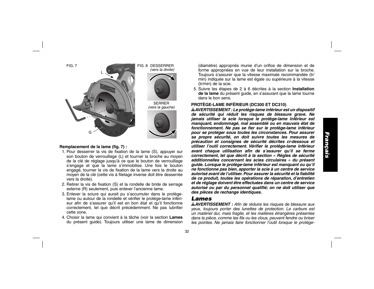 Français, Lames | DeWalt DW9116 User Manual | Page 33 / 64