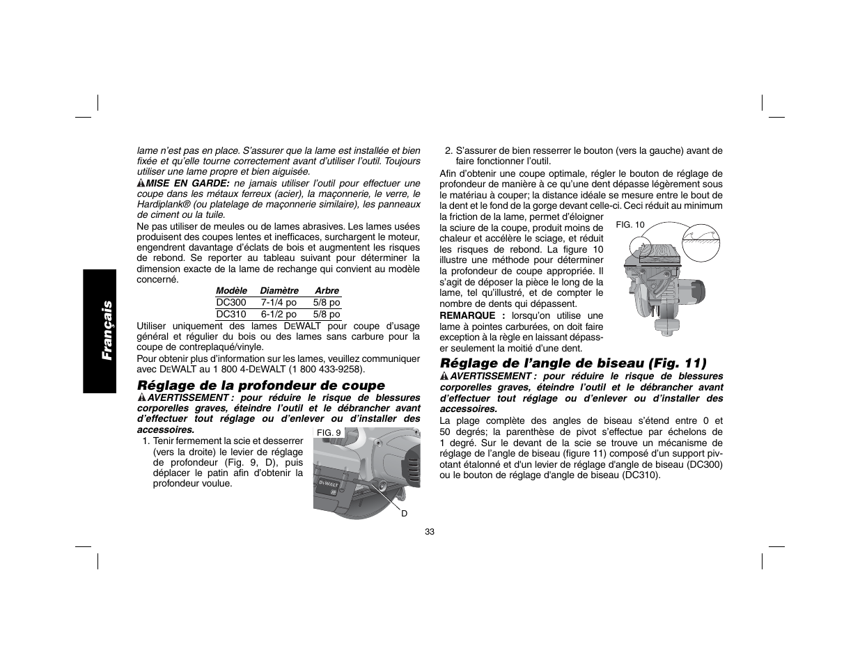 Français, Réglage de la profondeur de coupe, Réglage de l’angle de biseau (fig. 11) | DeWalt DW9116 User Manual | Page 34 / 64