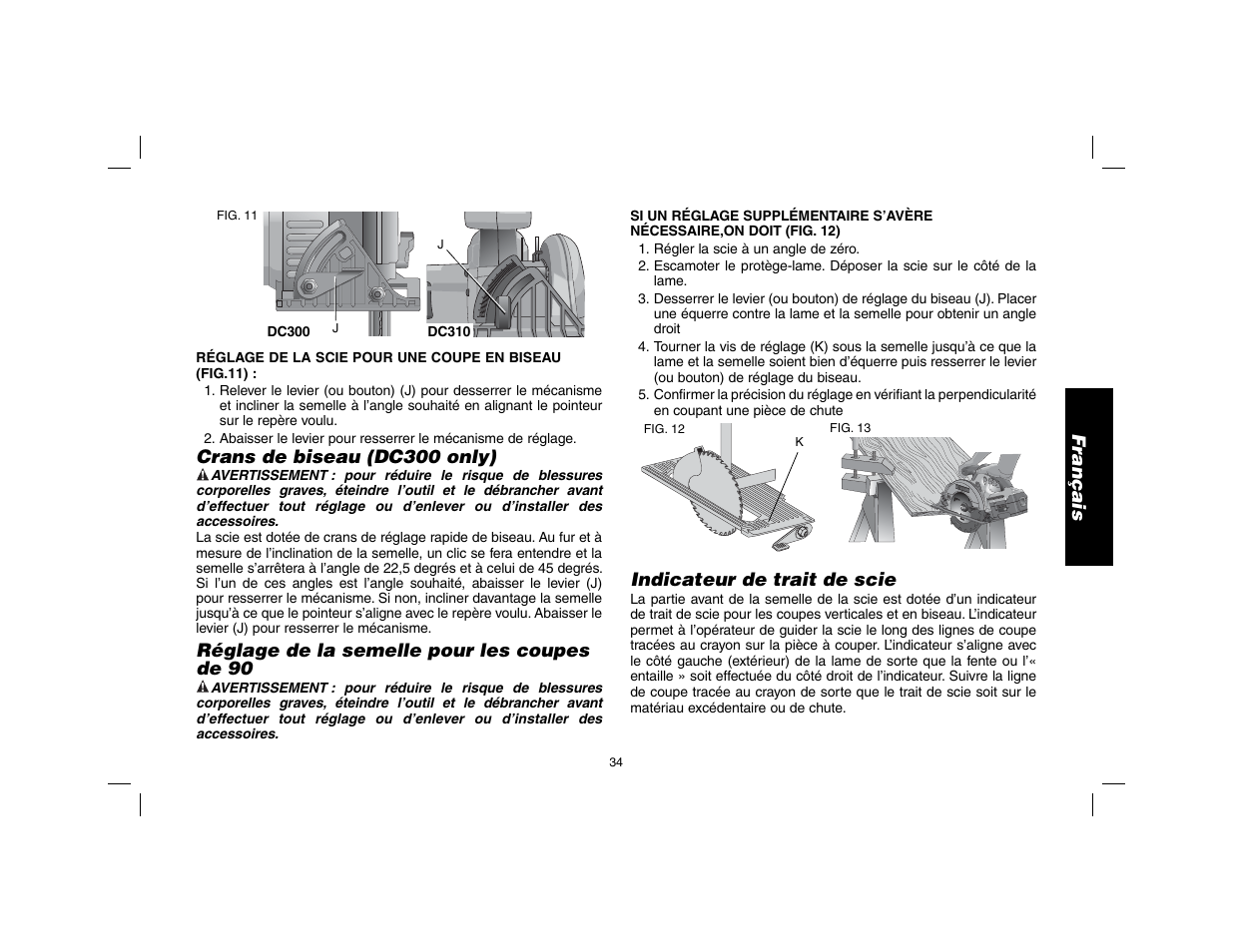 Français, Crans de biseau (dc300 only), Réglage de la semelle pour les coupes de 90 | Indicateur de trait de scie | DeWalt DW9116 User Manual | Page 35 / 64