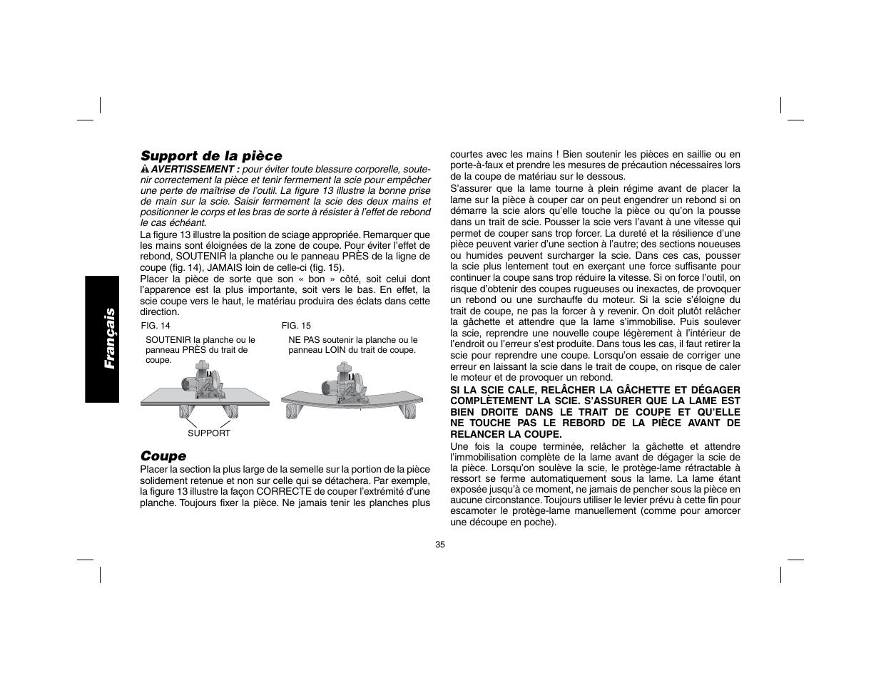 Français, Support de la pièce, Coupe | DeWalt DW9116 User Manual | Page 36 / 64