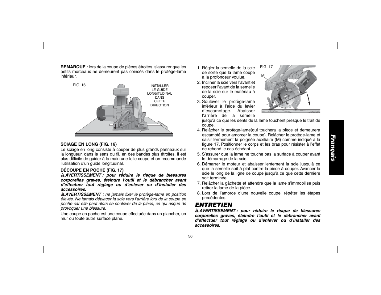 Français, Entretien | DeWalt DW9116 User Manual | Page 37 / 64