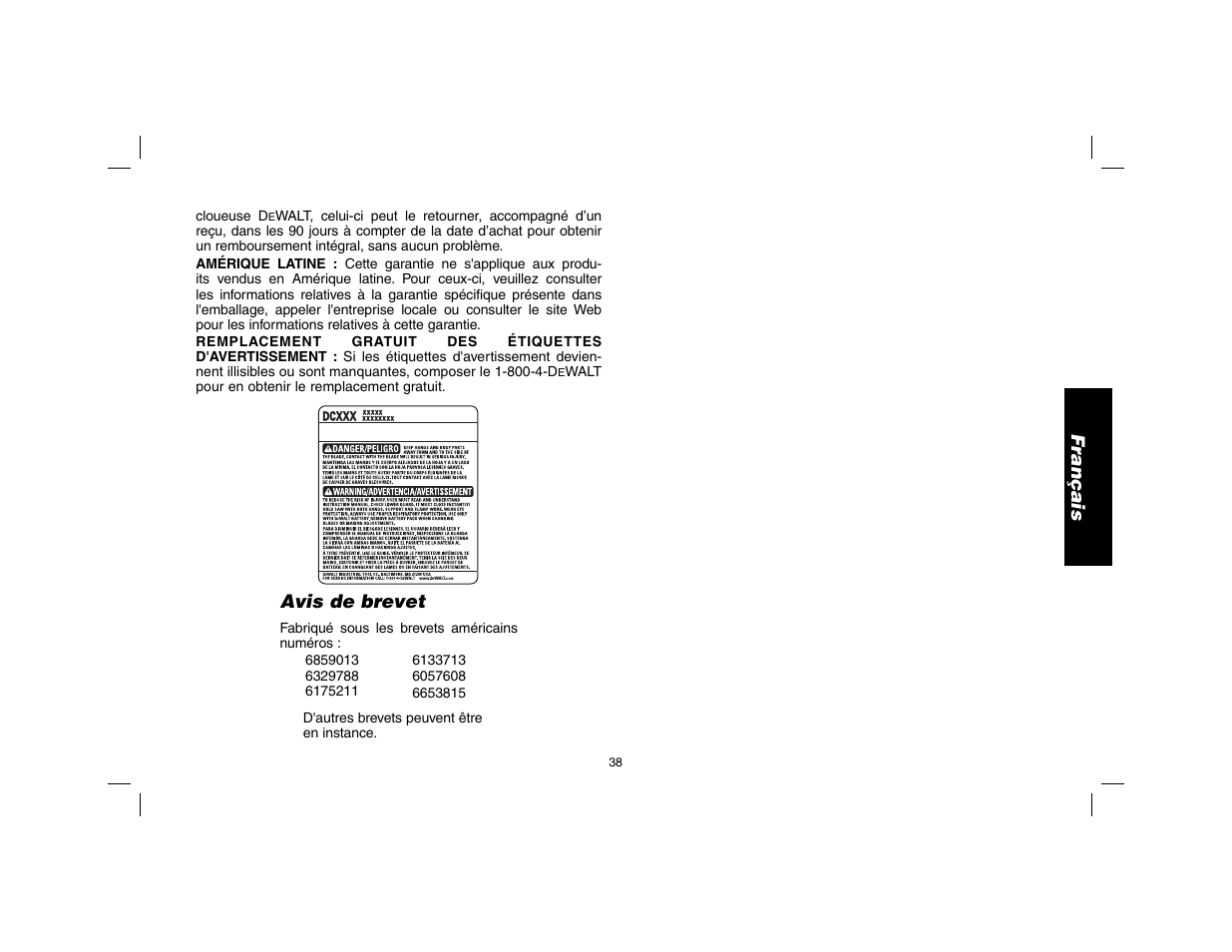 Français, Avis de brevet | DeWalt DW9116 User Manual | Page 39 / 64