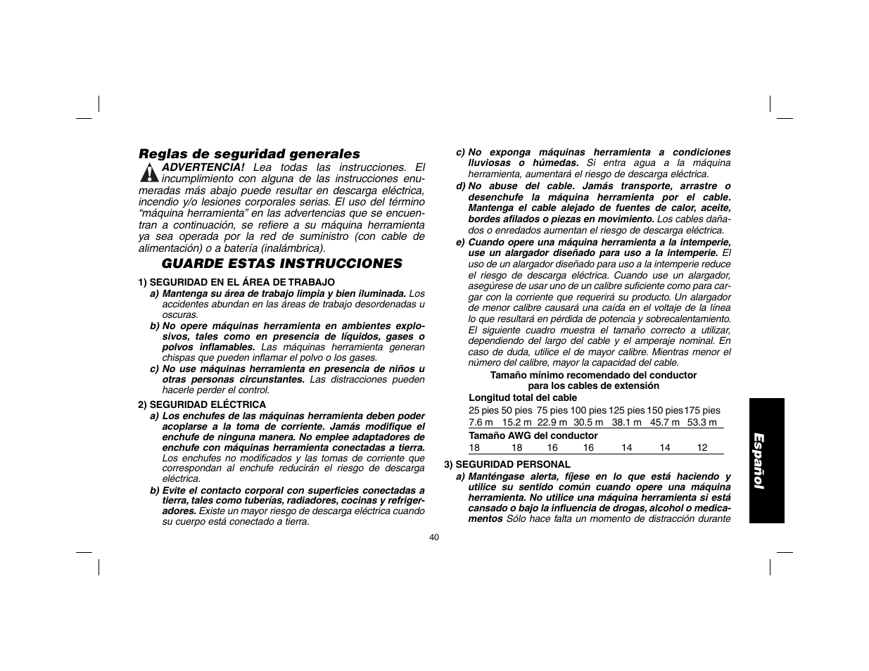 Español reglas de seguridad generales, Guarde estas instrucciones | DeWalt DW9116 User Manual | Page 41 / 64