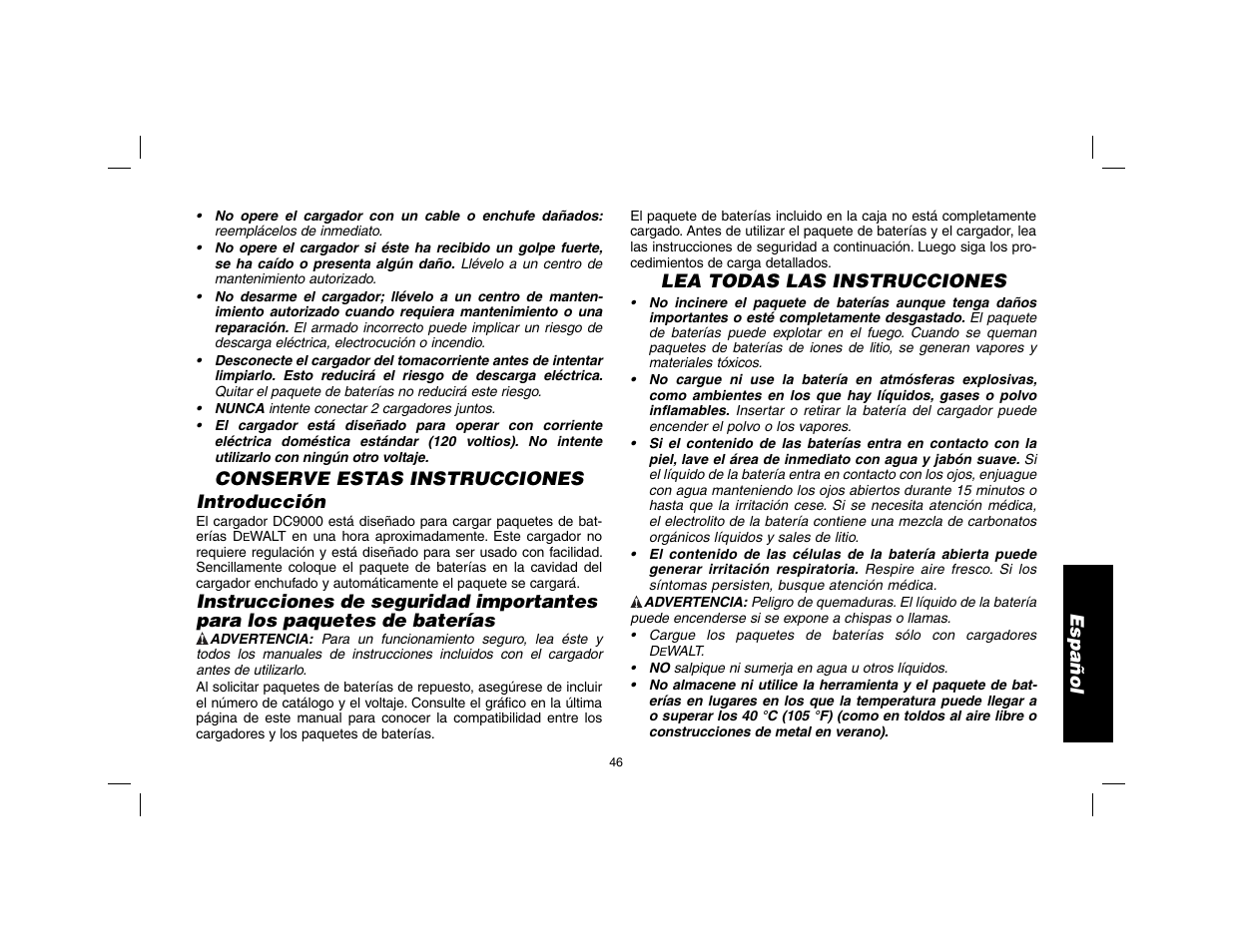 Español, Conserve estas instrucciones introducción, Lea todas las instrucciones | DeWalt DW9116 User Manual | Page 47 / 64