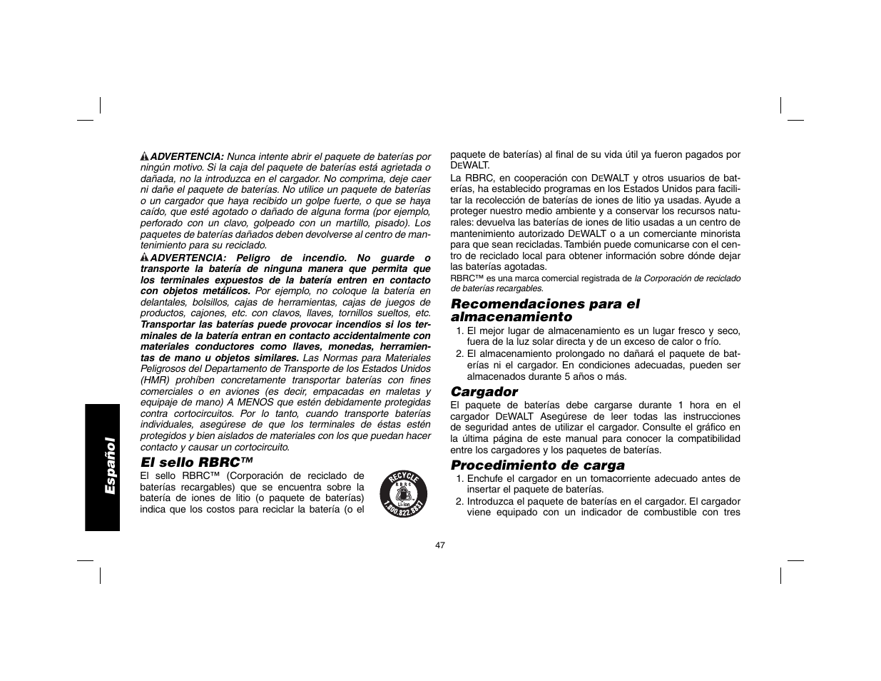Español, El sello rbrc, Recomendaciones para el almacenamiento | Cargador, Procedimiento de carga | DeWalt DW9116 User Manual | Page 48 / 64