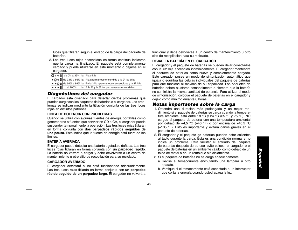 Español, Diagnósticos del cargador, Notas importantes sobre la carga | DeWalt DW9116 User Manual | Page 49 / 64