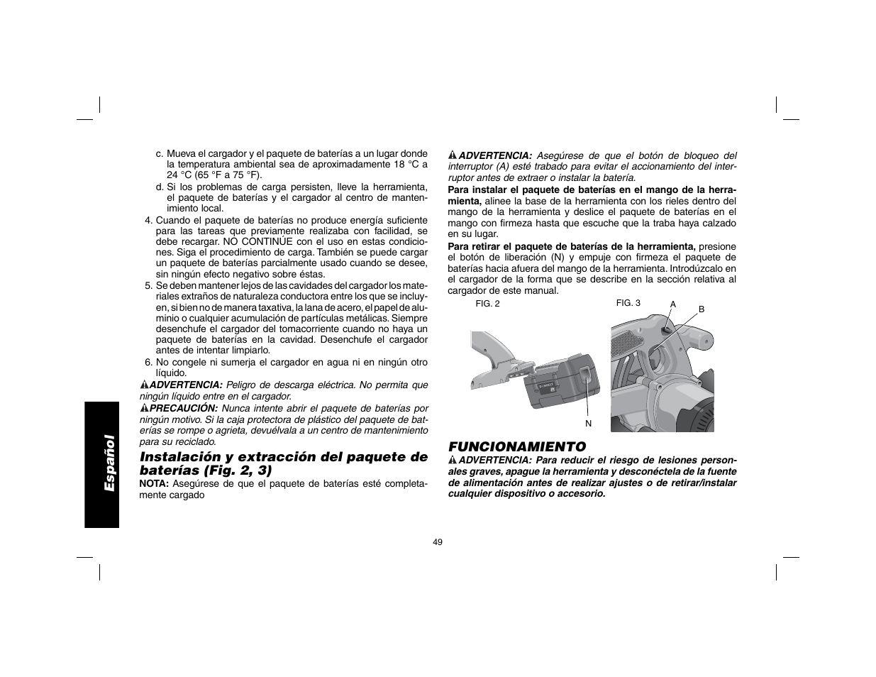 Español, Funcionamiento | DeWalt DW9116 User Manual | Page 50 / 64
