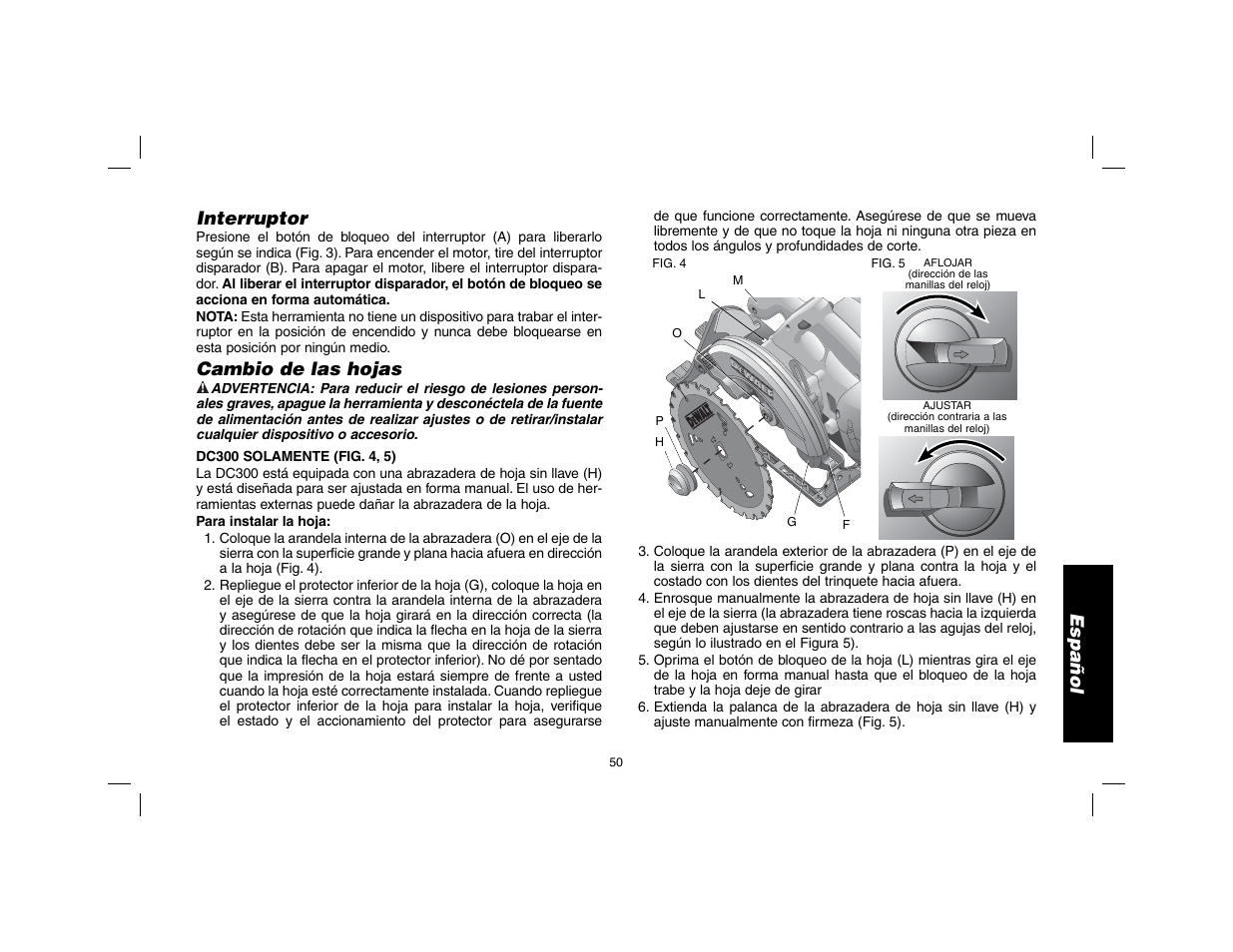 Español, Interruptor, Cambio de las hojas | DeWalt DW9116 User Manual | Page 51 / 64