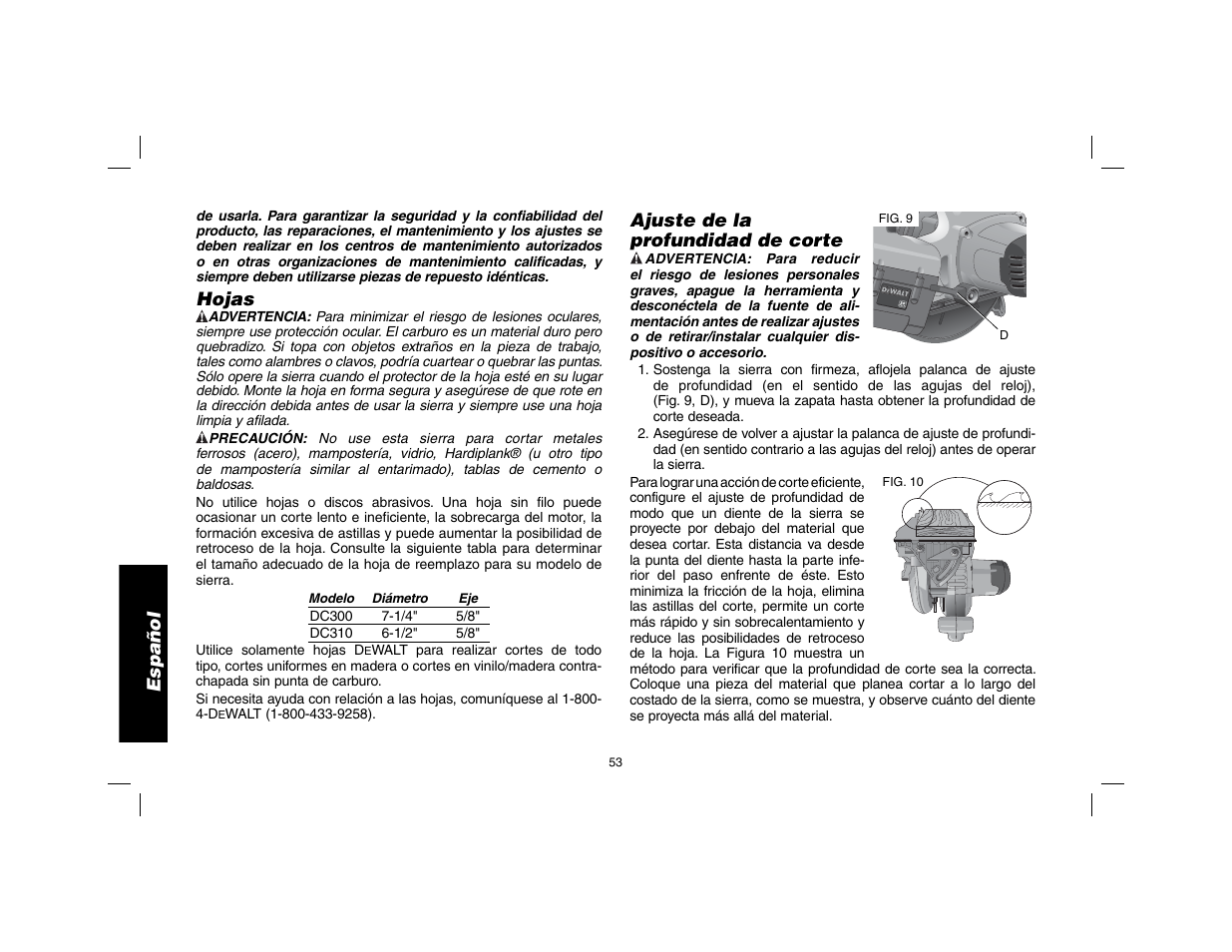 Español, Hojas, Ajuste de la | Profundidad de corte | DeWalt DW9116 User Manual | Page 54 / 64