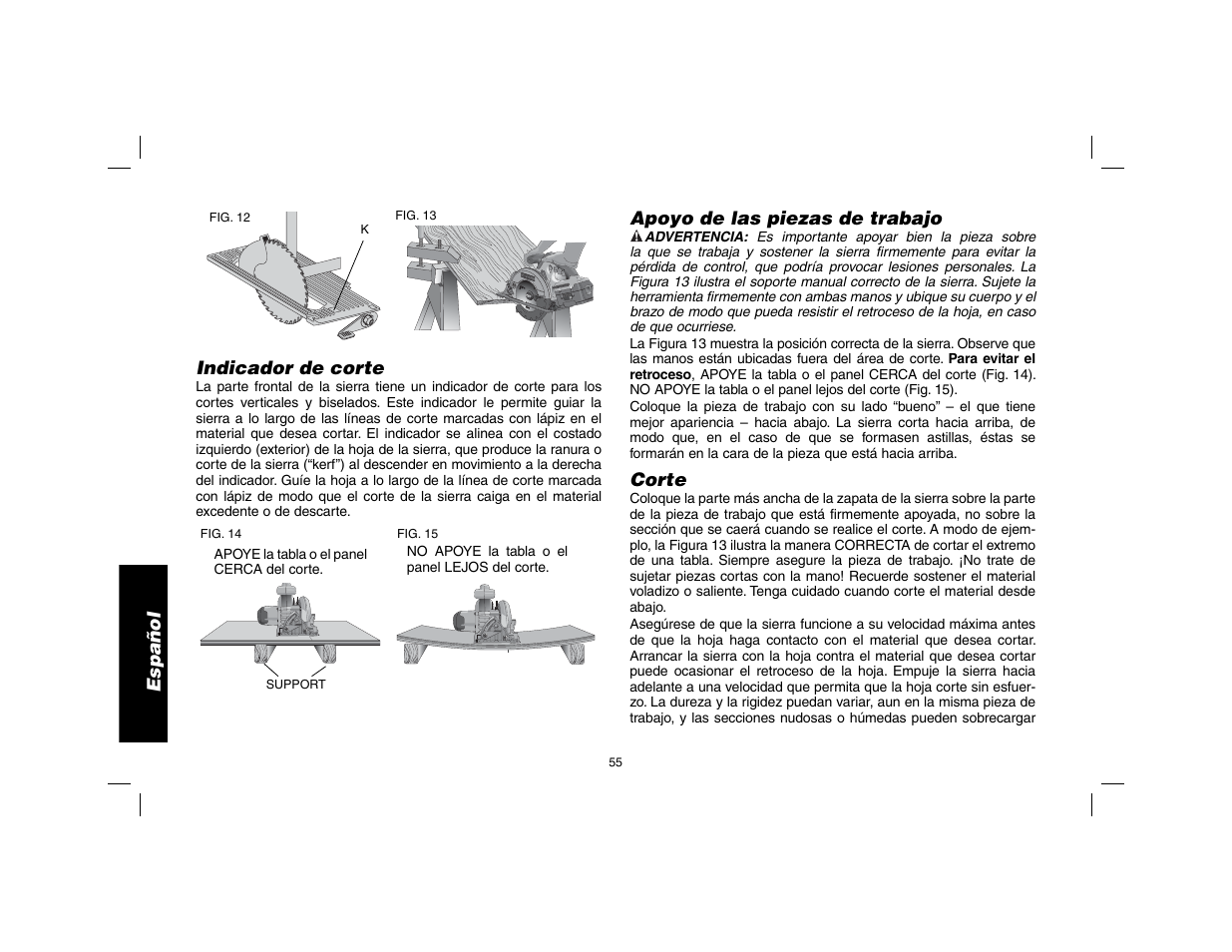 Español, Indicador de corte, Apoyo de las piezas de trabajo | Corte | DeWalt DW9116 User Manual | Page 56 / 64