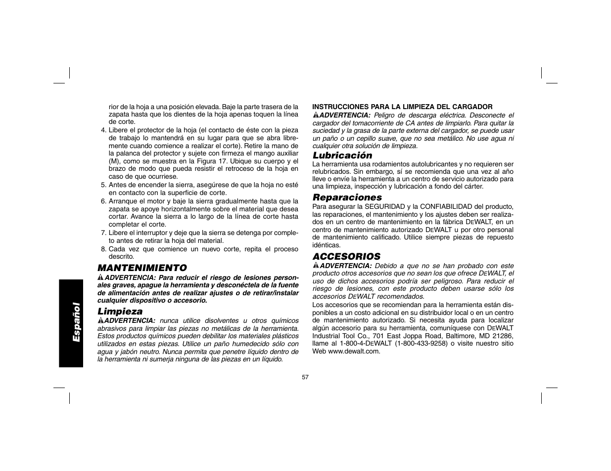 Español, Mantenimiento, Limpieza | Lubricación, Reparaciones, Accesorios | DeWalt DW9116 User Manual | Page 58 / 64