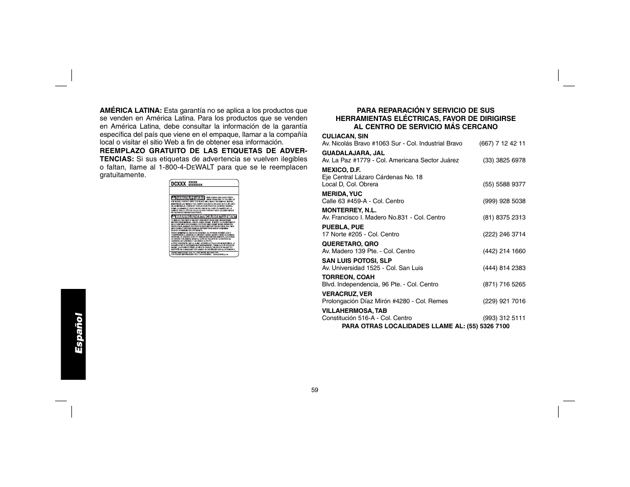 Español | DeWalt DW9116 User Manual | Page 60 / 64