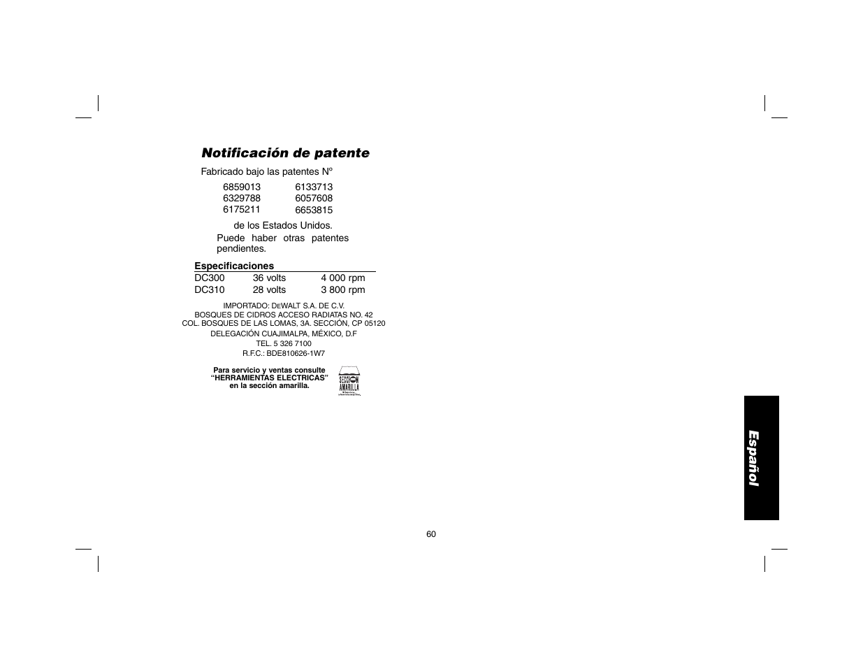 Español notificación de patente | DeWalt DW9116 User Manual | Page 61 / 64
