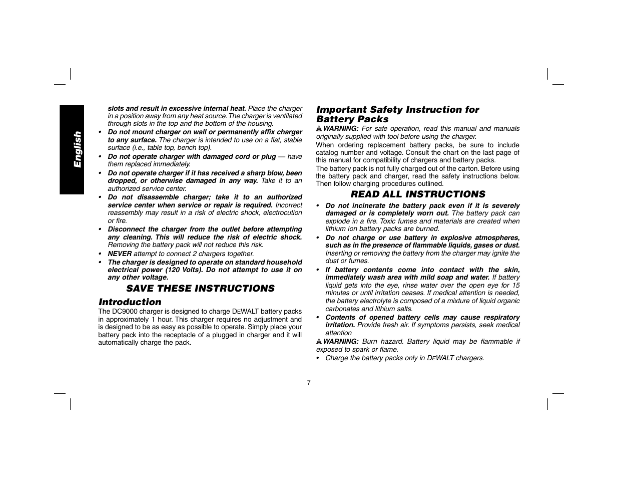 English, Save these instructions introduction, Important safety instruction for battery packs | Read all instructions | DeWalt DW9116 User Manual | Page 8 / 64