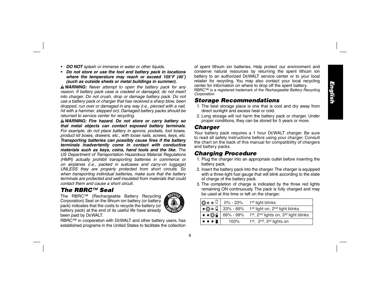 English, The rbrc™ seal, Storage recommendations | Charger, Charging procedure | DeWalt DW9116 User Manual | Page 9 / 64