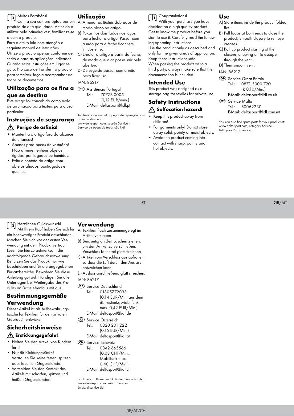 Bestimmungsgemäße verwendung, Sicherheitshinweise, Verwendung | Utilização para os fins a que se destina, Instruções de segurança, Utilização, Intended use, Safety instructions | Ordex Vacuum Storage Bags User Manual | Page 2 / 2