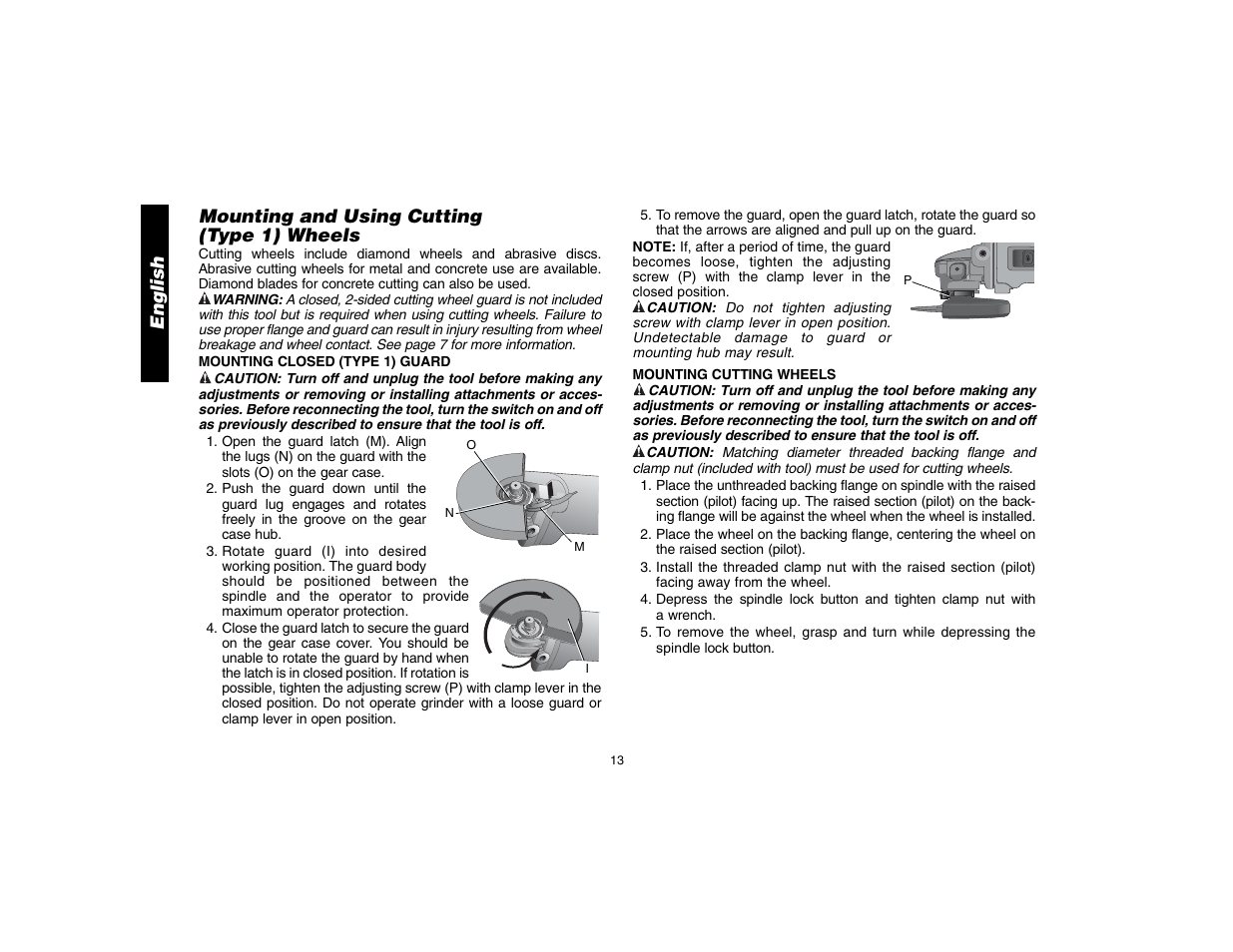 English, Mounting and using cutting (type 1) wheels | DeWalt D28112 User Manual | Page 14 / 52