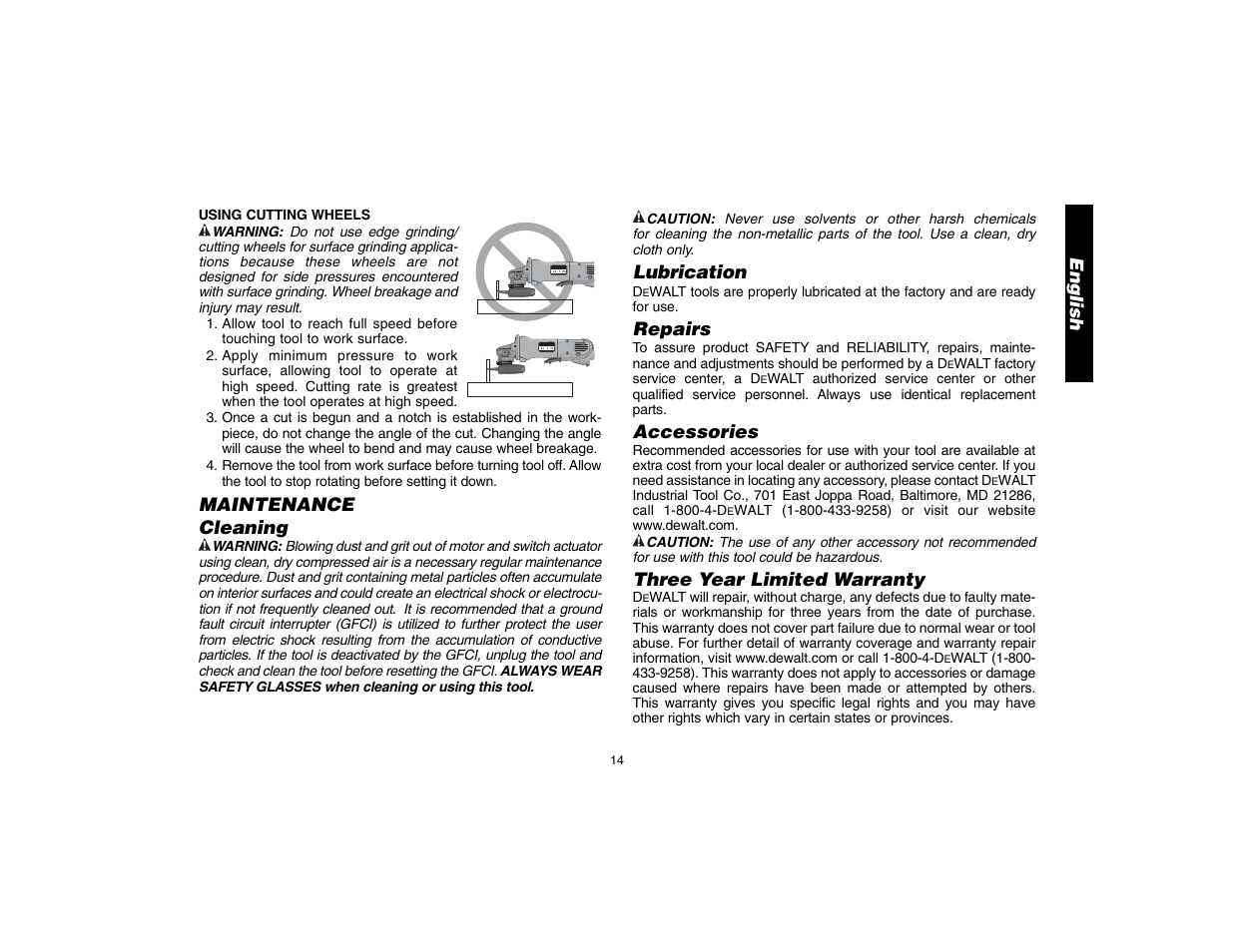 English, Maintenance cleaning, Lubrication | Repairs, Accessories, Three year limited warranty | DeWalt D28112 User Manual | Page 15 / 52