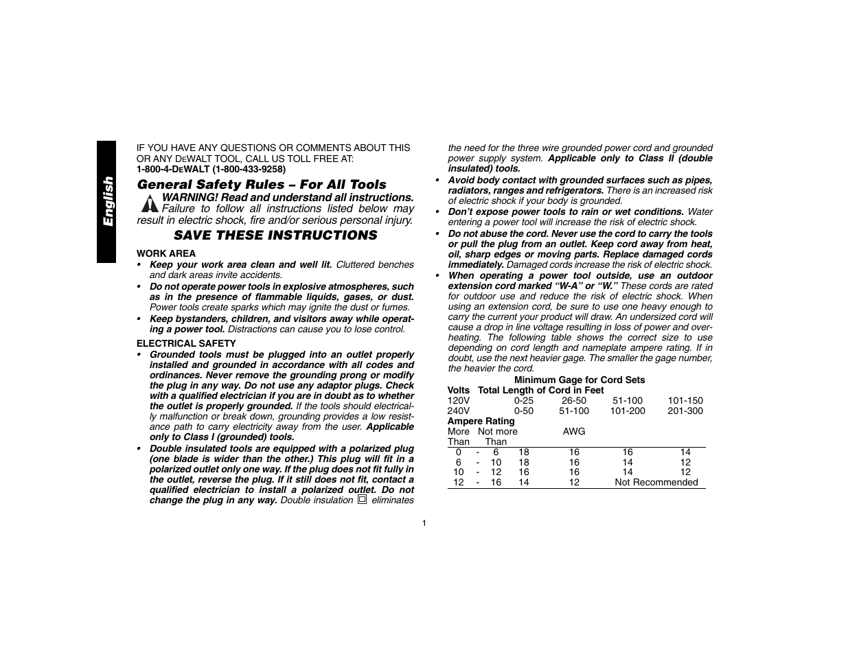 English, General safety rules – for all tools, Save these instructions | DeWalt D28112 User Manual | Page 2 / 52