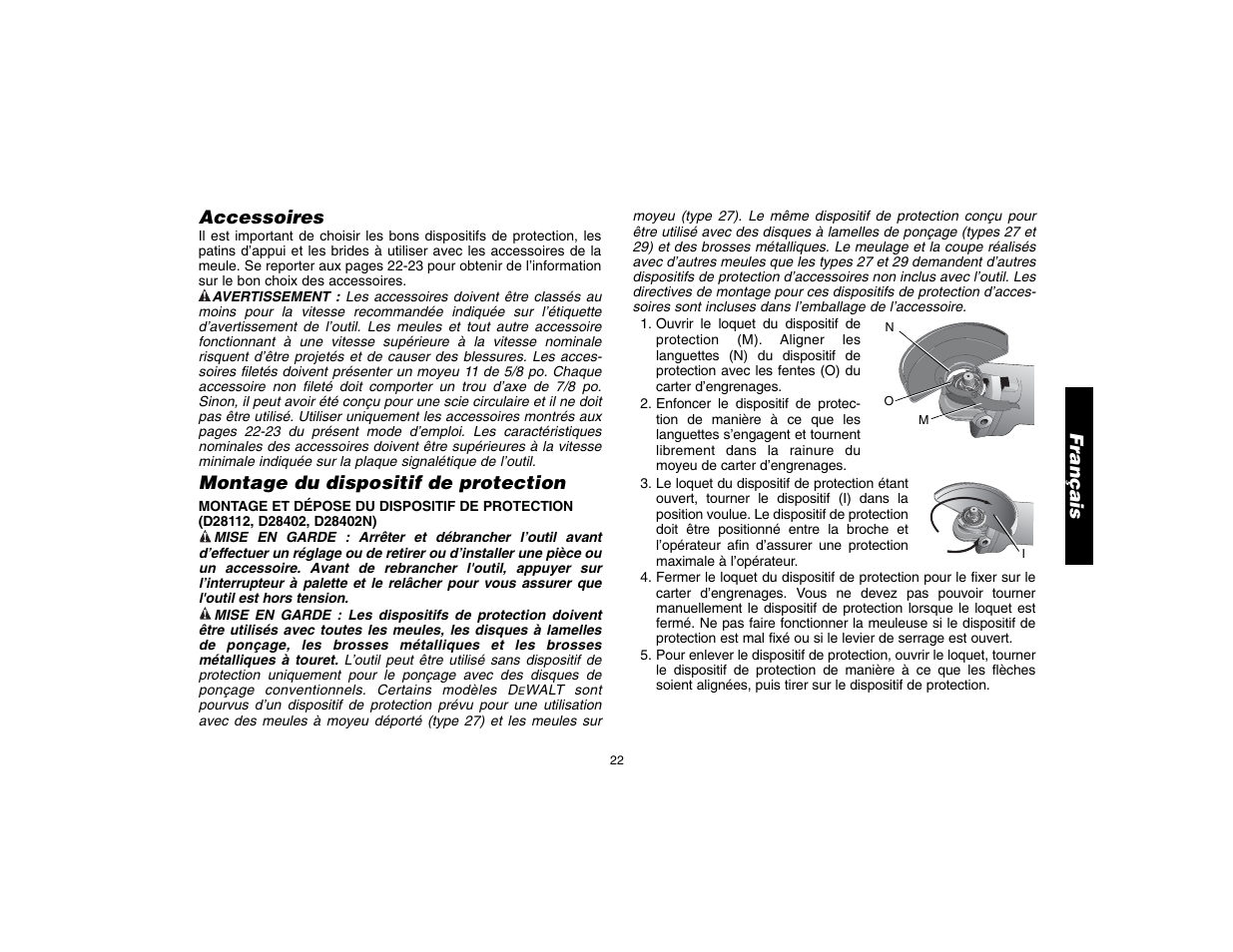 Français, Accessoires, Montage du dispositif de protection | DeWalt D28112 User Manual | Page 23 / 52