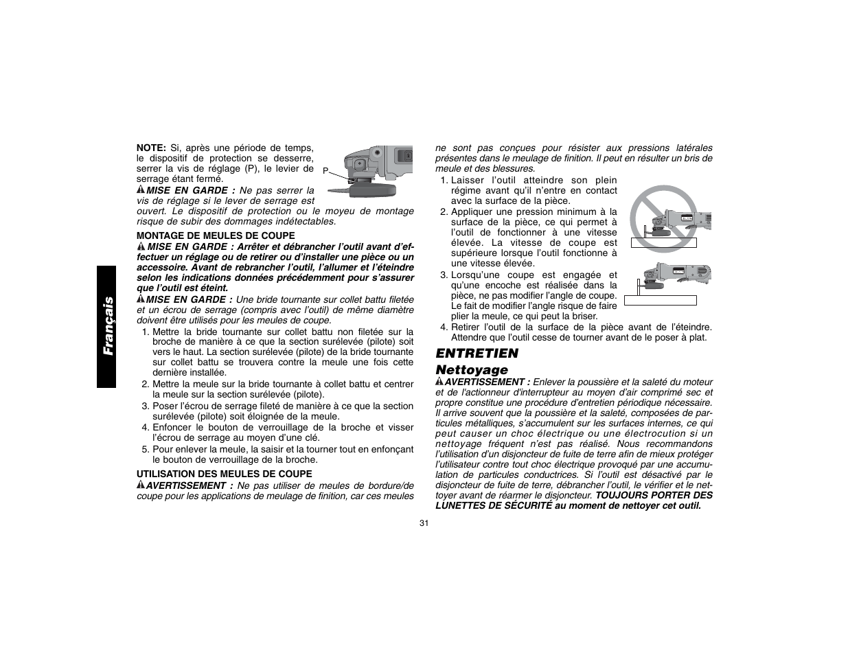 Français, Entretien nettoyage | DeWalt D28112 User Manual | Page 32 / 52