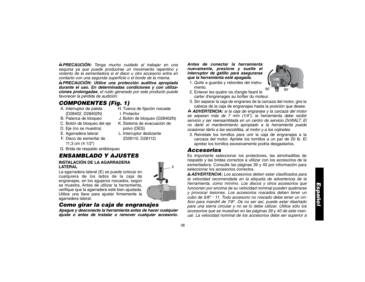 Español, Componentes (fig. 1), Ensamblado y ajustes | Como girar la caja de engranajes, Accesorios | DeWalt D28112 User Manual | Page 39 / 52