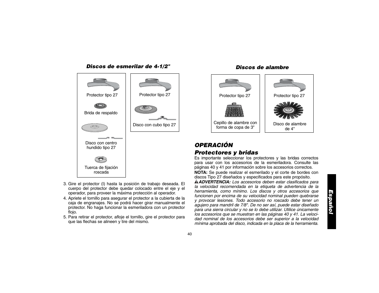 Español, Operación protectores y bridas | DeWalt D28112 User Manual | Page 41 / 52