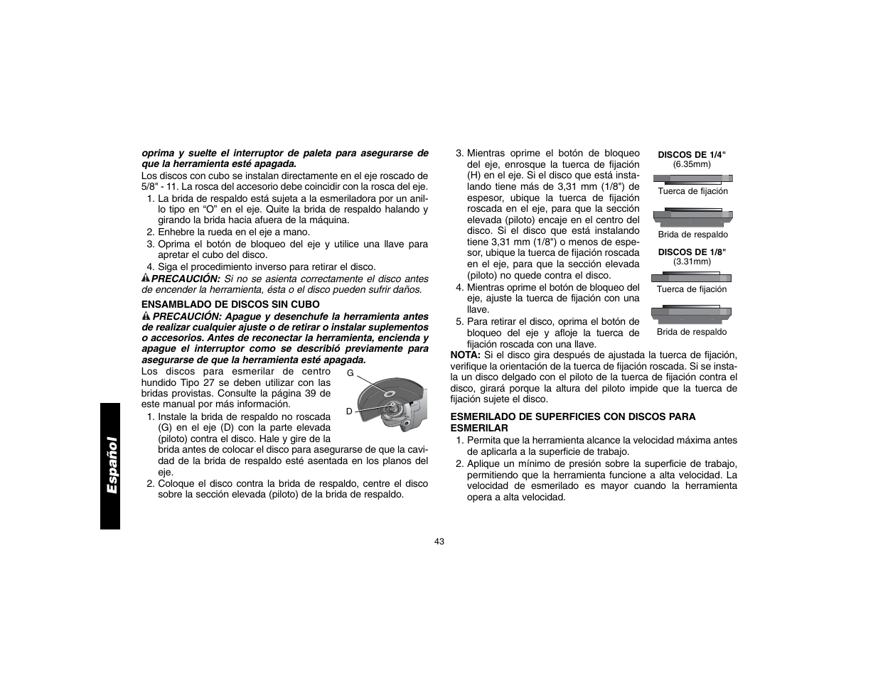 Español | DeWalt D28112 User Manual | Page 44 / 52