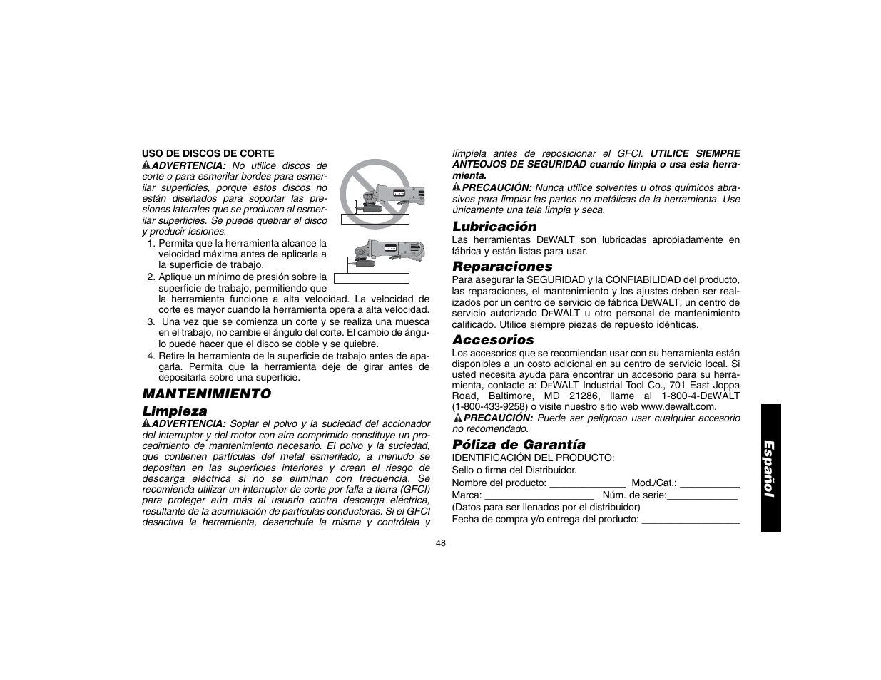Español, Mantenimiento limpieza, Lubricación | Reparaciones, Accesorios, Póliza de garantía | DeWalt D28112 User Manual | Page 49 / 52